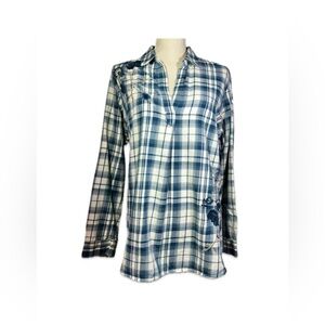 Tantrums Plaid Button Down Shirt Women’s Size XL Teal and White